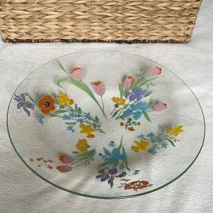 12 1/3” Round Hand Painted Bowl Clear Glass Blue Green Orange Table Centerpiece